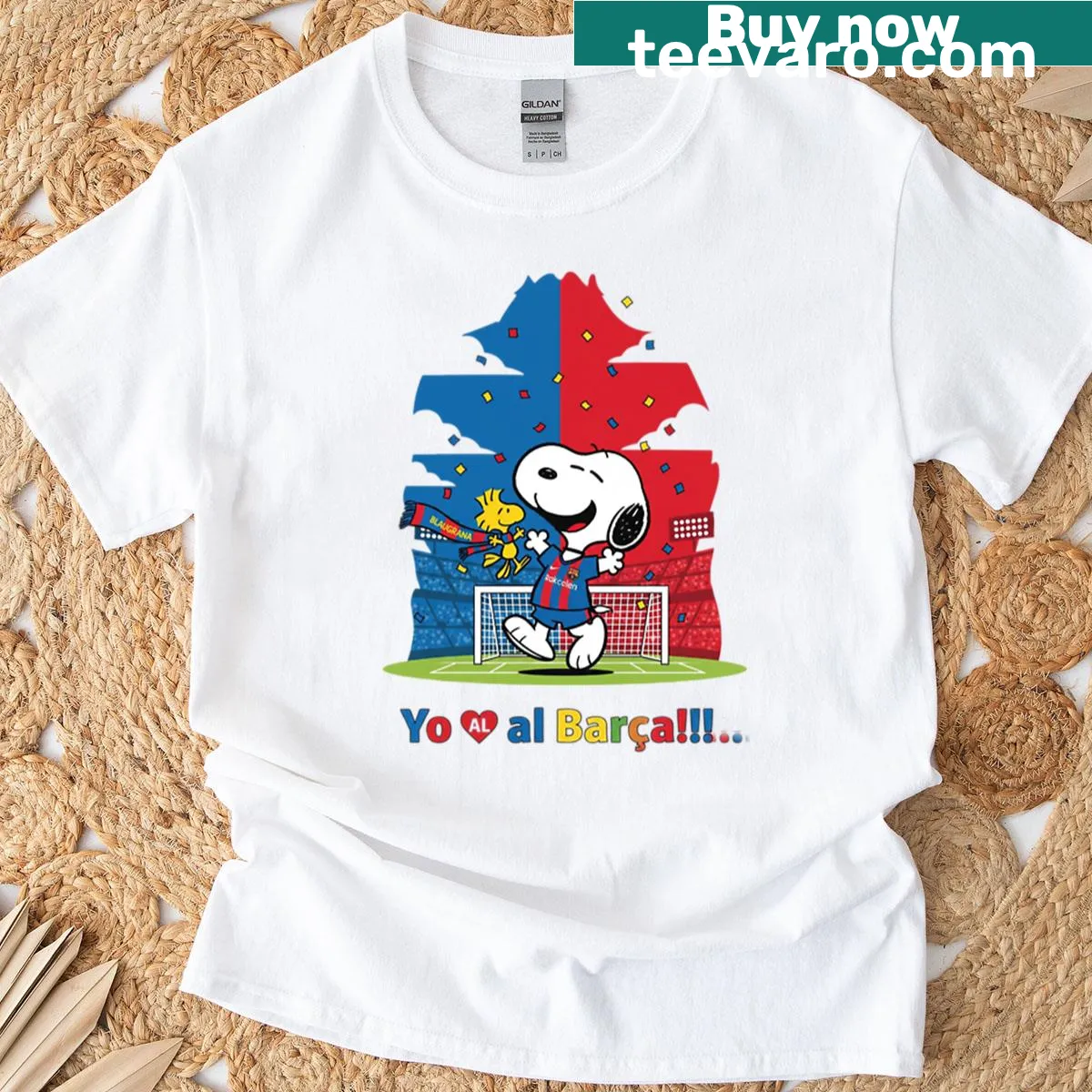 Snoopy playing soccer with a Barcelona theme — on a men's t-shirt