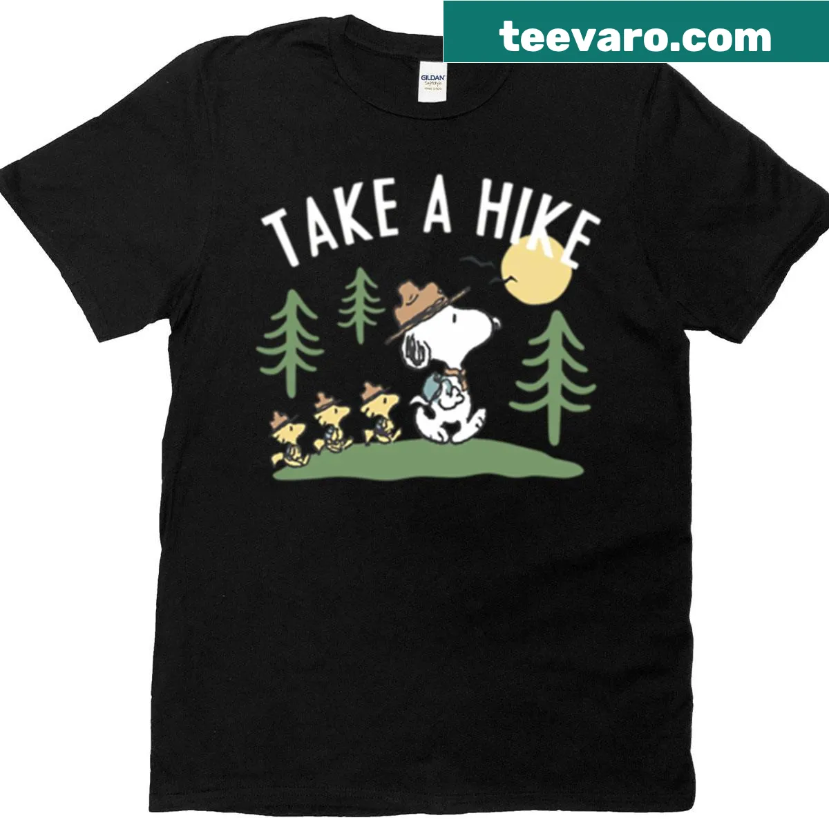 Snoopy hiking adventure design on a t-shirt — on a men's t-shirt