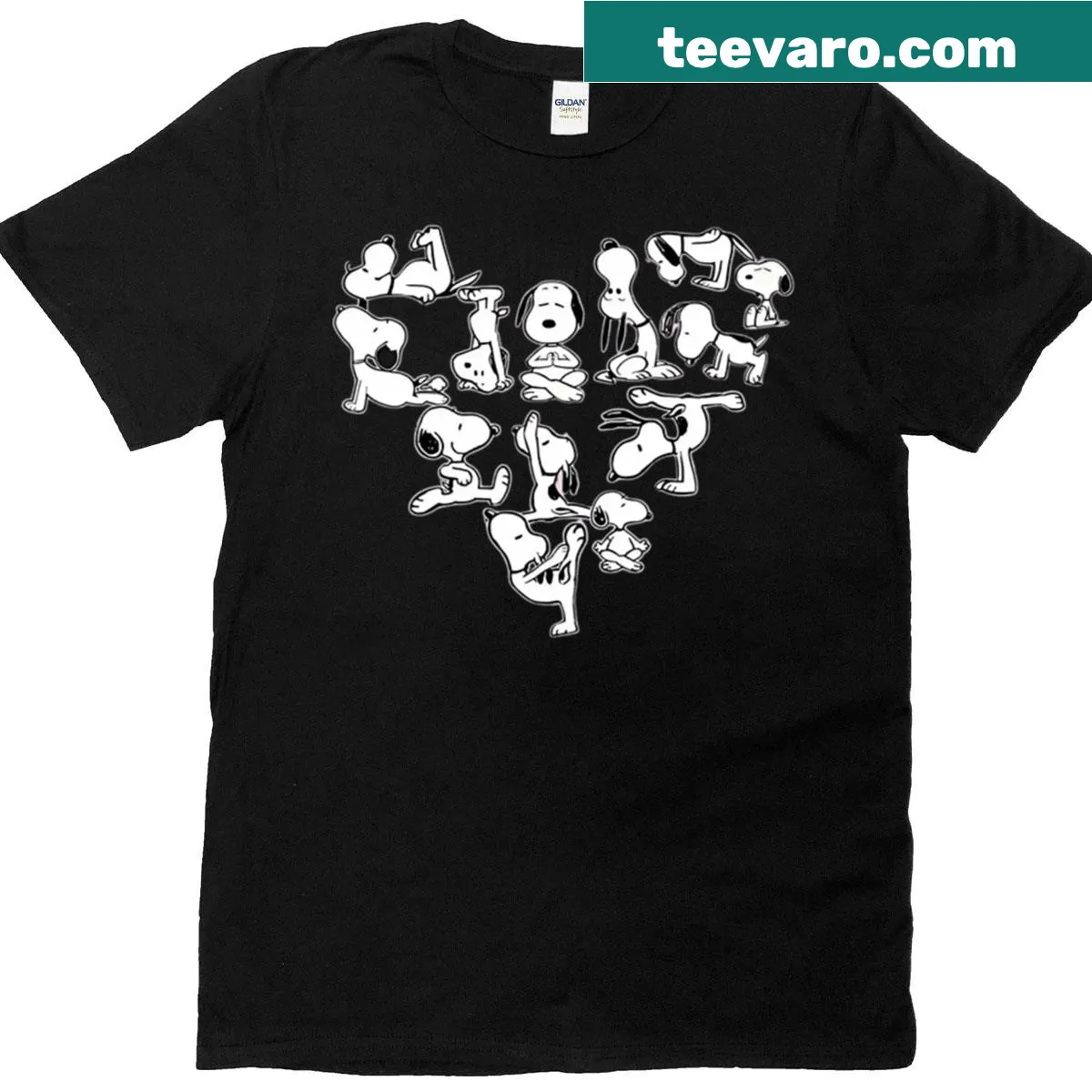 Snoopy in a heart pose illustration on a yoga-themed T-shirt — on a men's t-shirt
