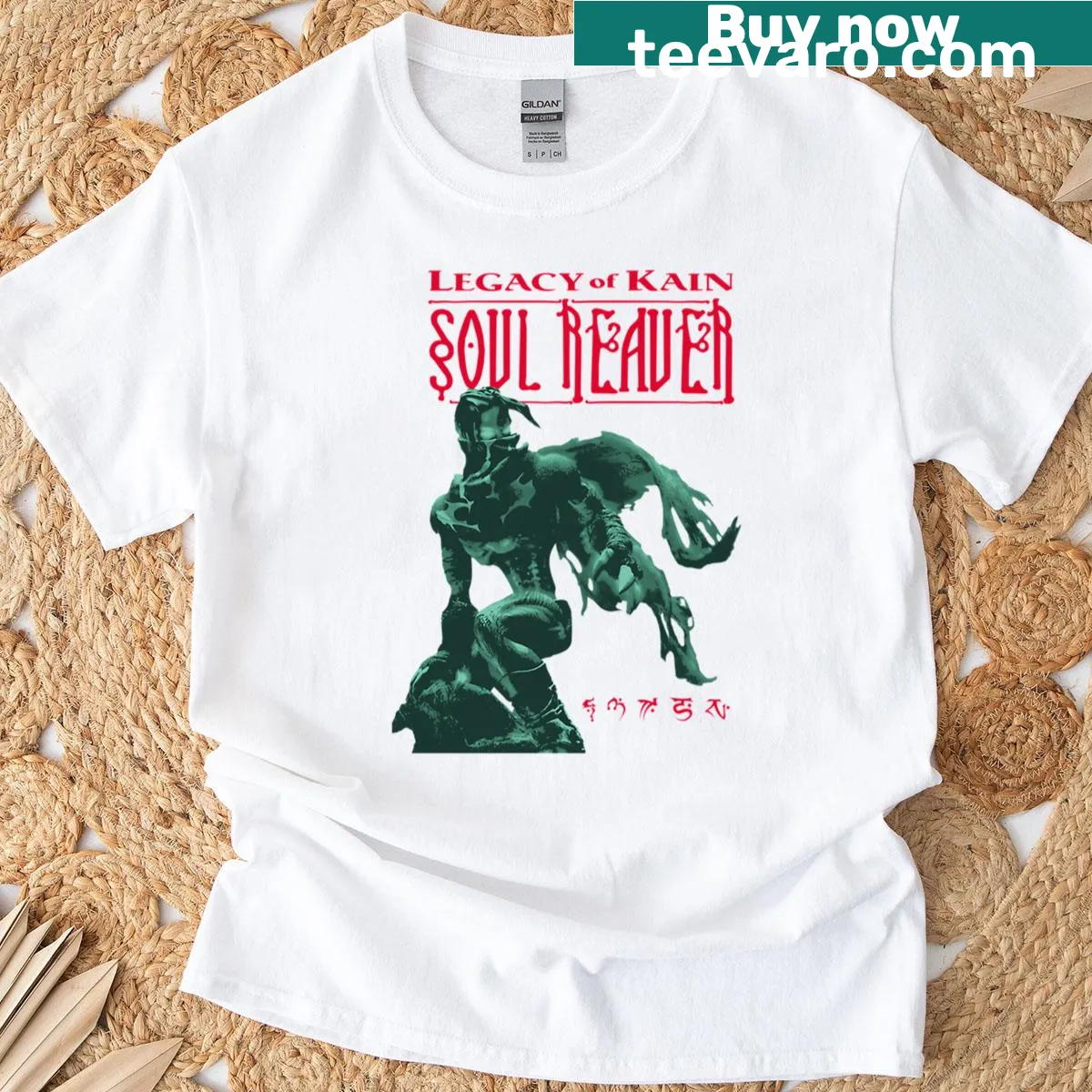Soul Reaver Raziel t-shirt with intricate dark character illustration — on a men's t-shirt