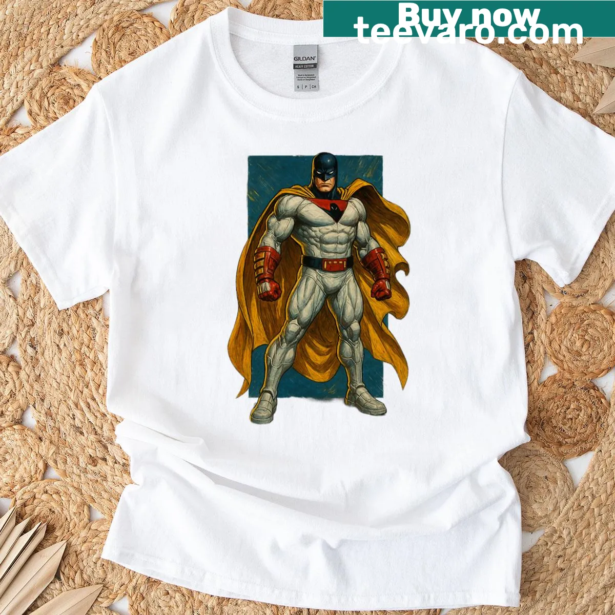 Retro Space Ghost superhero illustration on a t-shirt — on a men's t-shirt