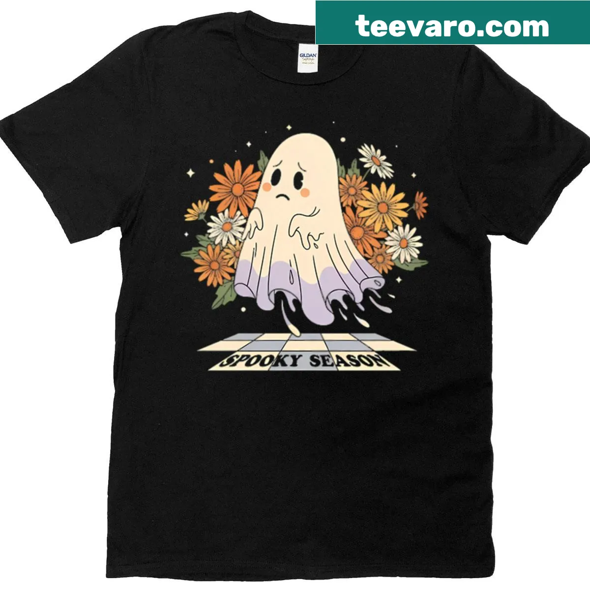 Floral ghost illustration on a spooky-themed T-shirt — on a men's t-shirt
