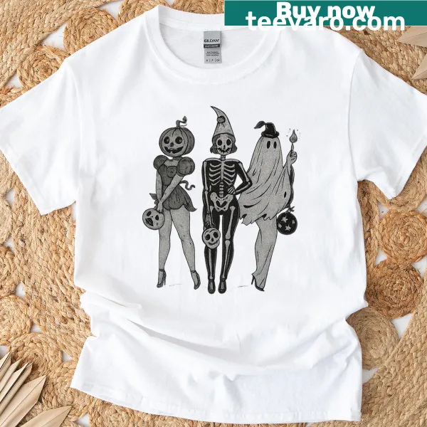 Charming Halloween graphic featuring a skeleton, ghost, pumpkin, and witch