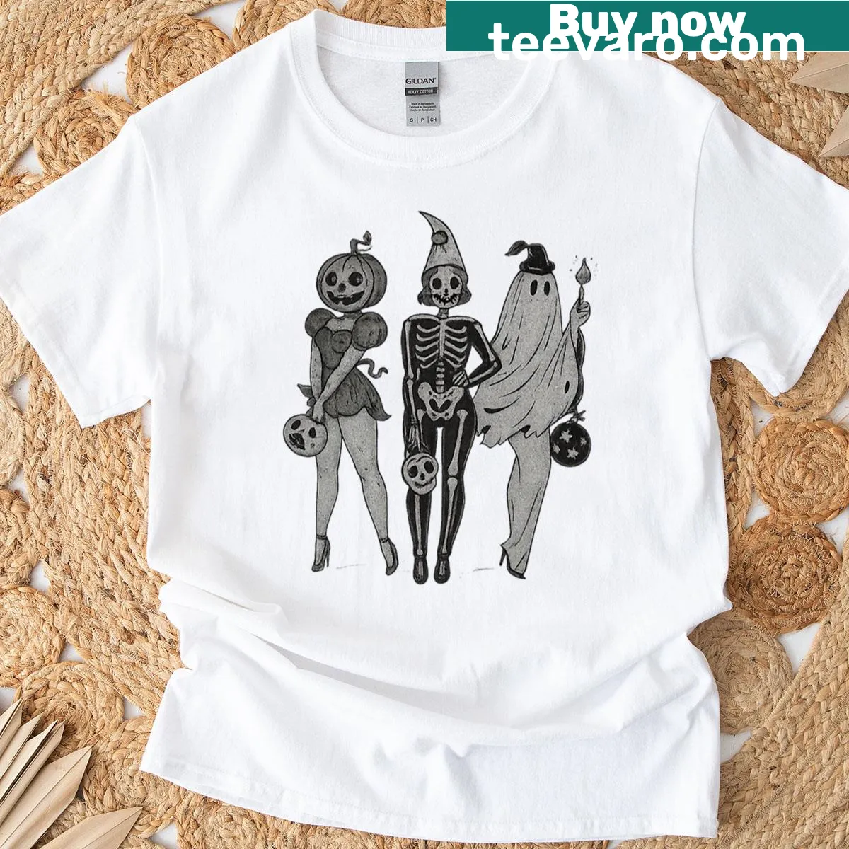 Charming Halloween graphic featuring a skeleton, ghost, pumpkin, and witch — on a men's t-shirt