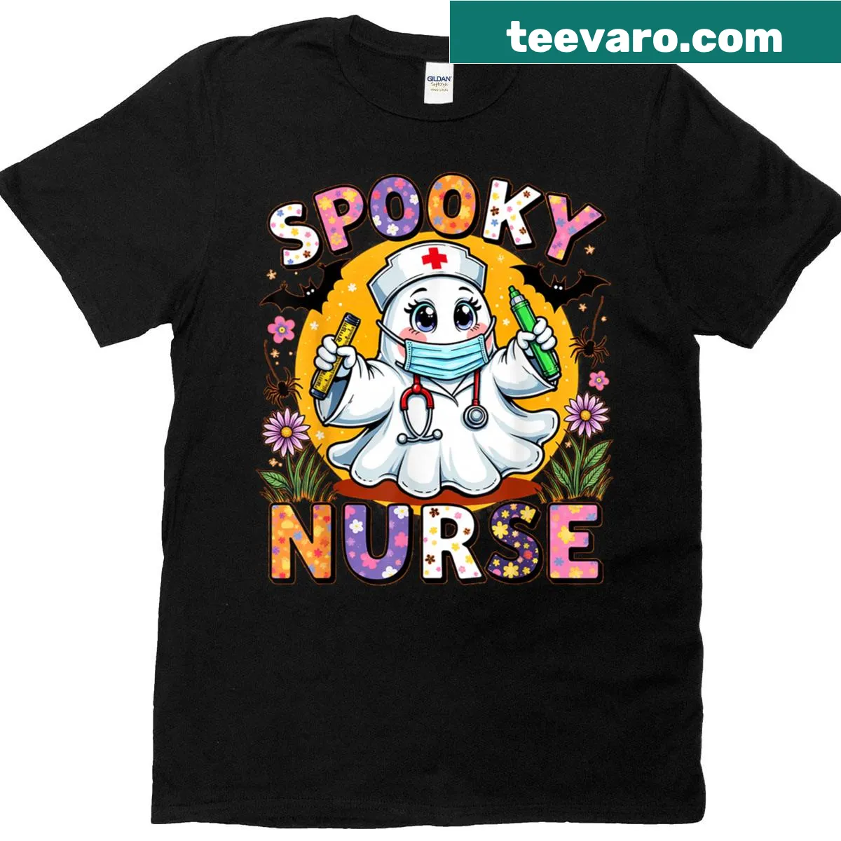 Cute ghost with stethoscope on nursing-themed Halloween shirt — on a men's t-shirt