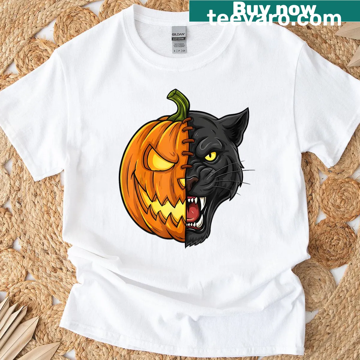 Halloween-themed t-shirt with a panther and pumpkin design — on a men's t-shirt