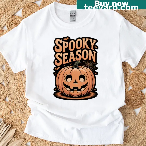 Cartoon jack-o-lantern graphic on a festive Halloween t-shirt