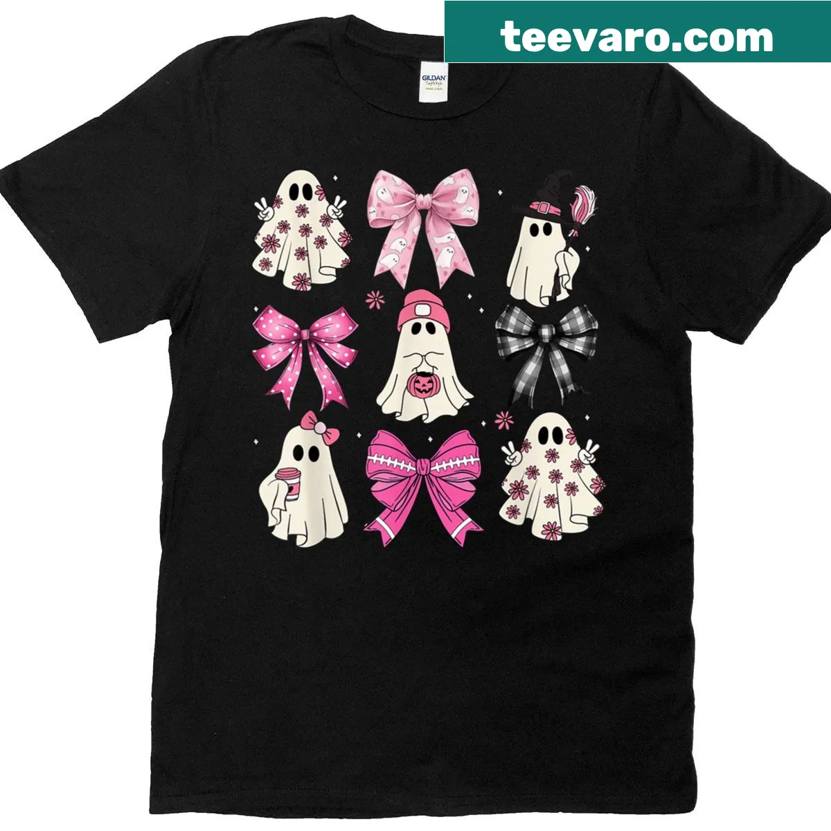Cute pink ghost graphic on a Halloween t-shirt — on a men's t-shirt