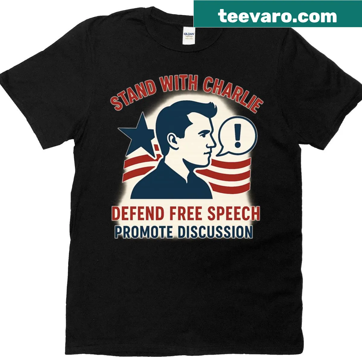 Stand With Charlie graphic tee promoting free speech and unity — on a men's t-shirt