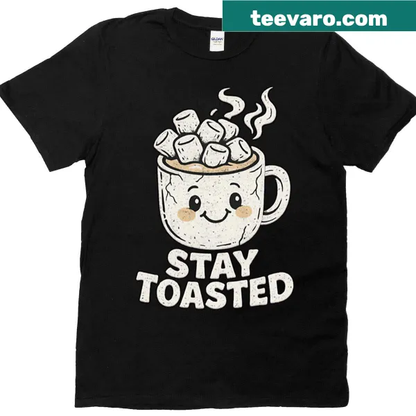 Retro T-shirt with cute hot chocolate mugs and marshmallows design.