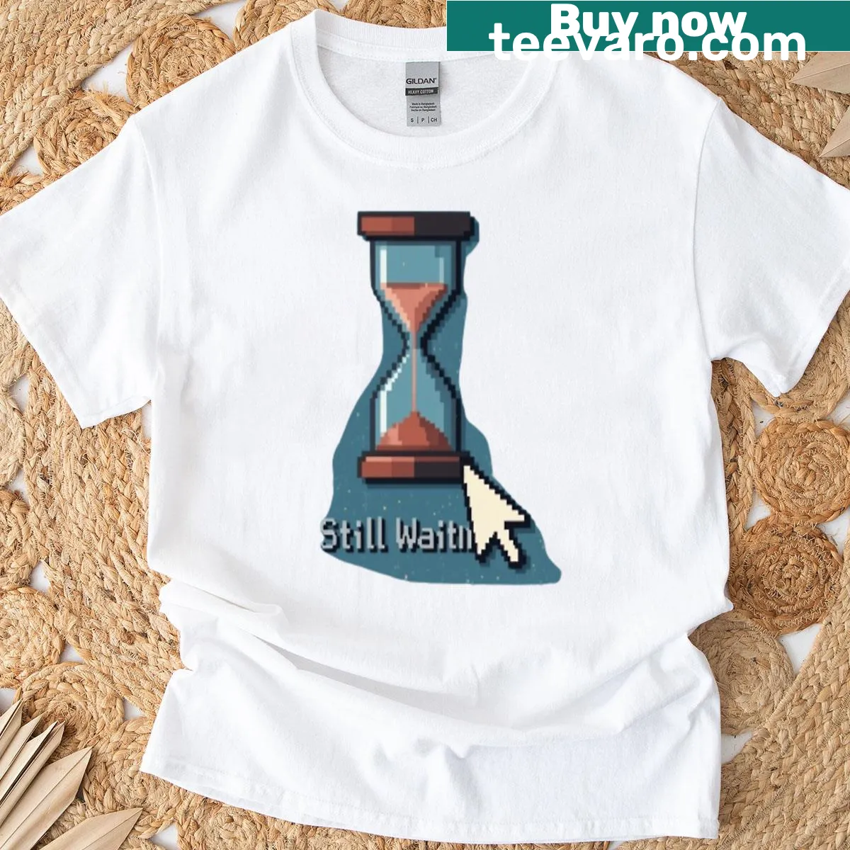 Retro pixel art hourglass graphic with 'Still Waiting' text — on a men's t-shirt