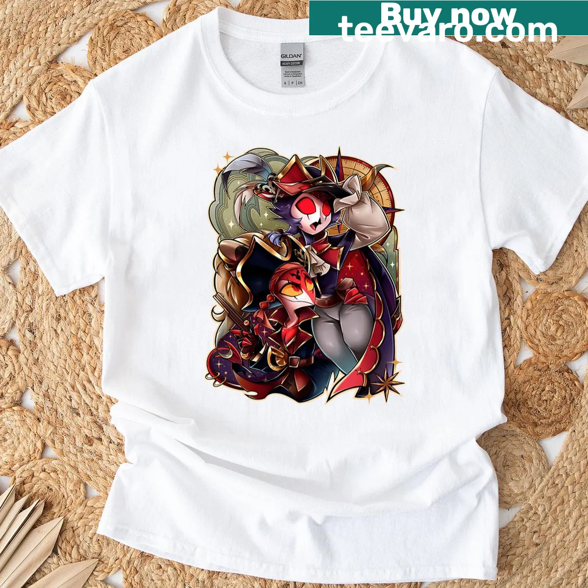Cartoon t-shirt featuring Stolas and Blitz as pirates — on a men's t-shirt