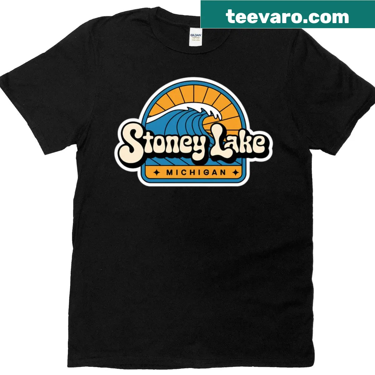 Vintage distressed T-shirt with a Stoney Lake wave decal design. — on a men's t-shirt