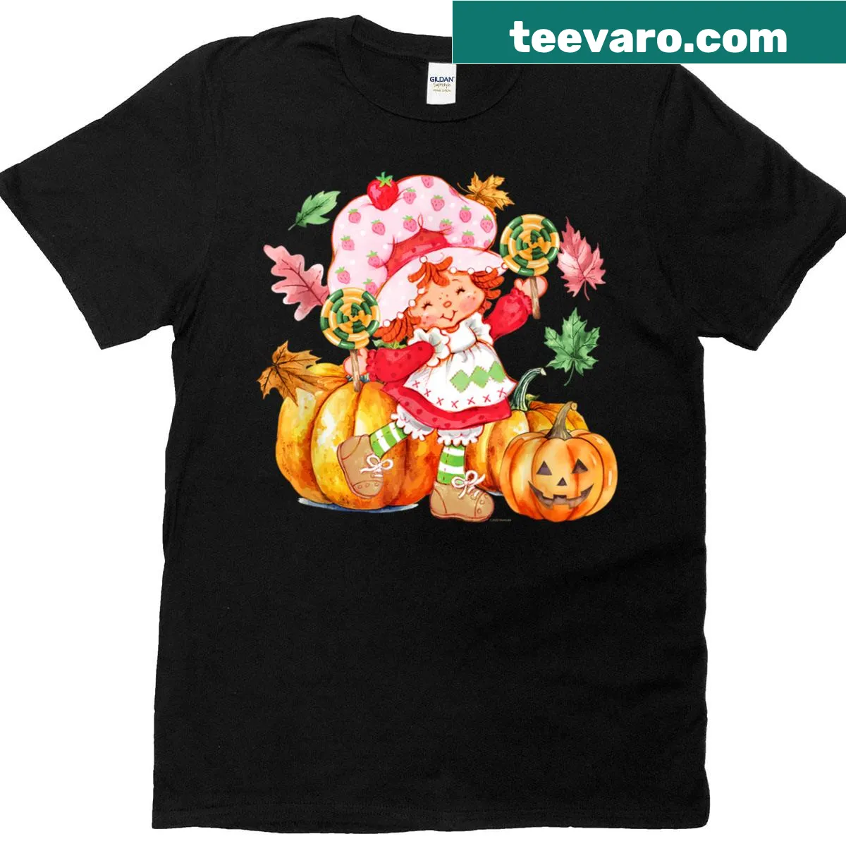 Strawberry Shortcake t-shirt featuring Halloween pumpkins and candy — on a men's t-shirt