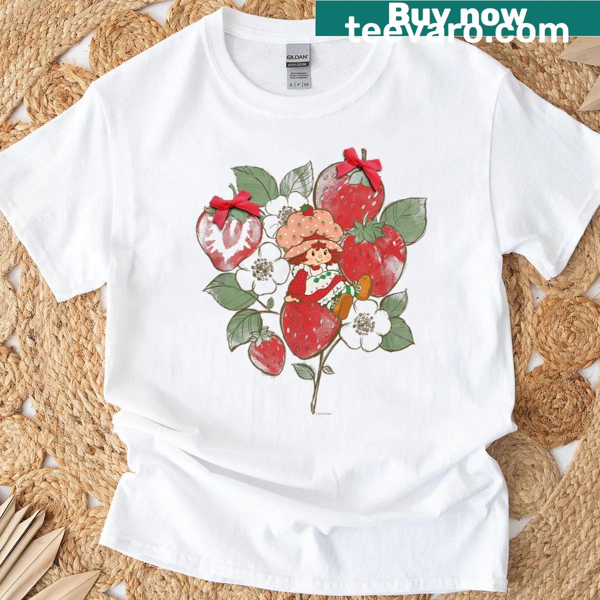 Retro design of Strawberry Shortcake on a strawberry branch on a t-shirt — on a men's t-shirt