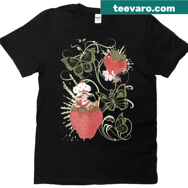 Vintage-style T-shirt featuring Strawberry Shortcake and butterfly swirl