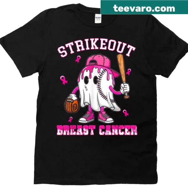 Baseball themed t-shirt with pink ribbon and strike-out breast cancer graphic.