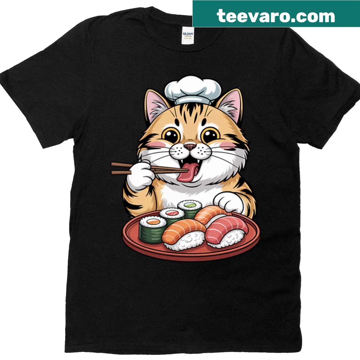 Cute T-shirt featuring an illustration of a cat with sushi — on a men's t-shirt