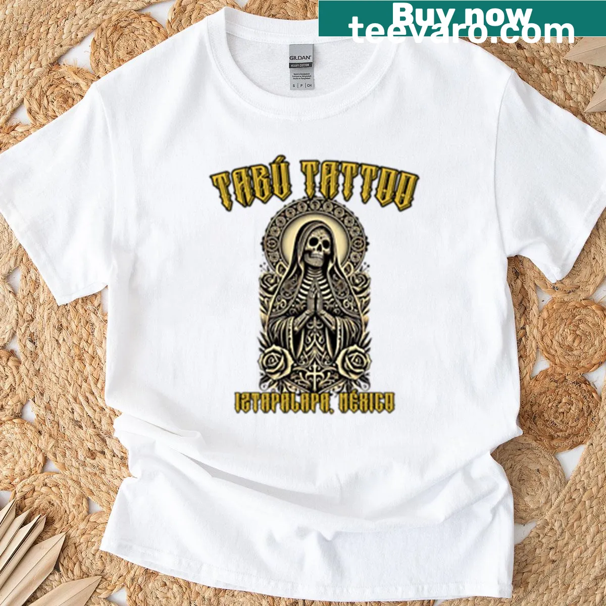 Minimalist line-art design for Tab Tattoo Studio on a T-shirt. — on a men's t-shirt