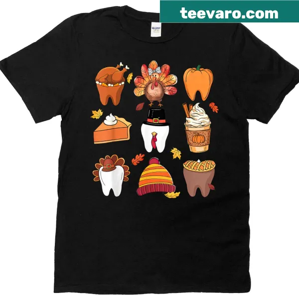 Thanksgiving t-shirt with pumpkins, turkeys, and coffee illustration