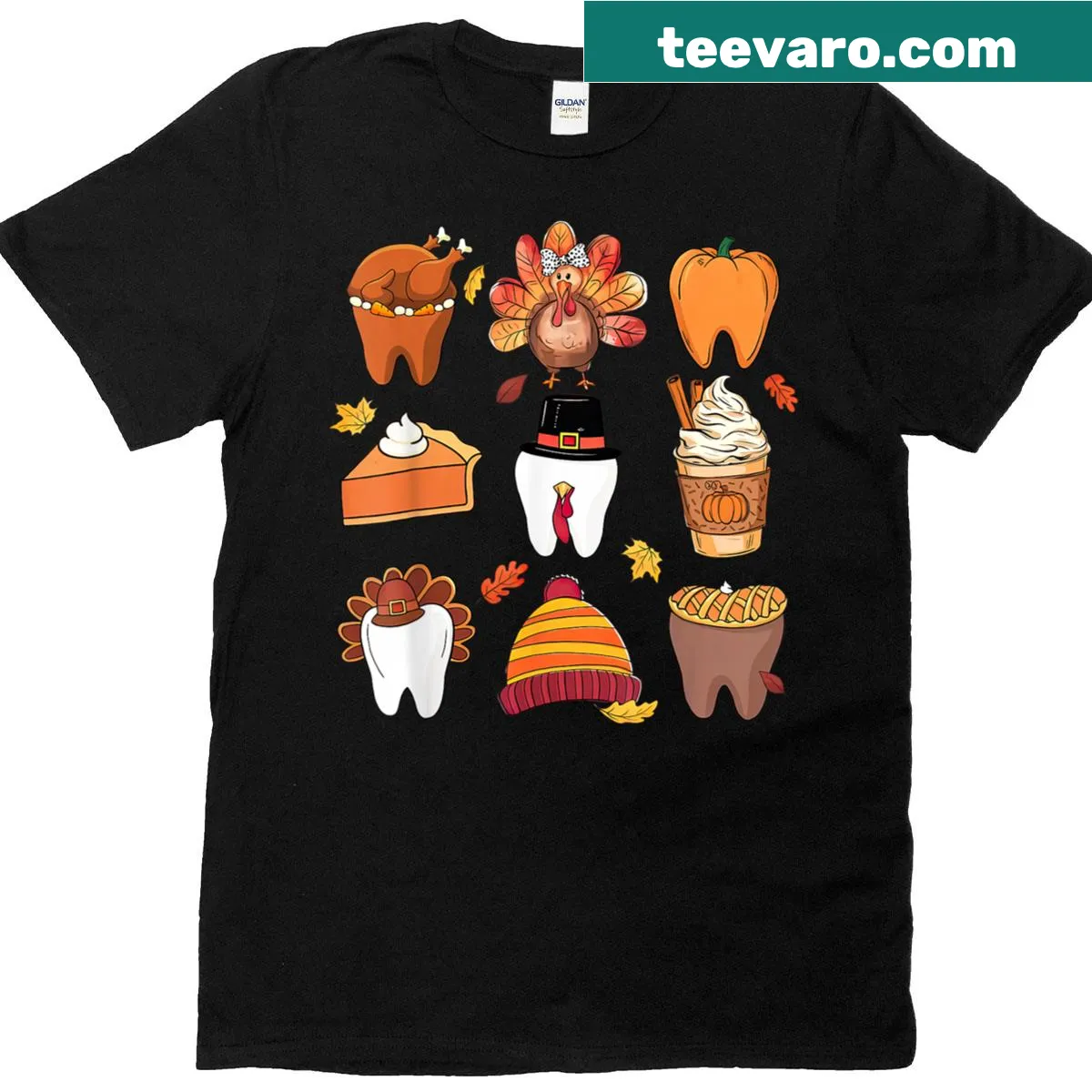 Thanksgiving t-shirt with pumpkins, turkeys, and coffee illustration — on a men's t-shirt