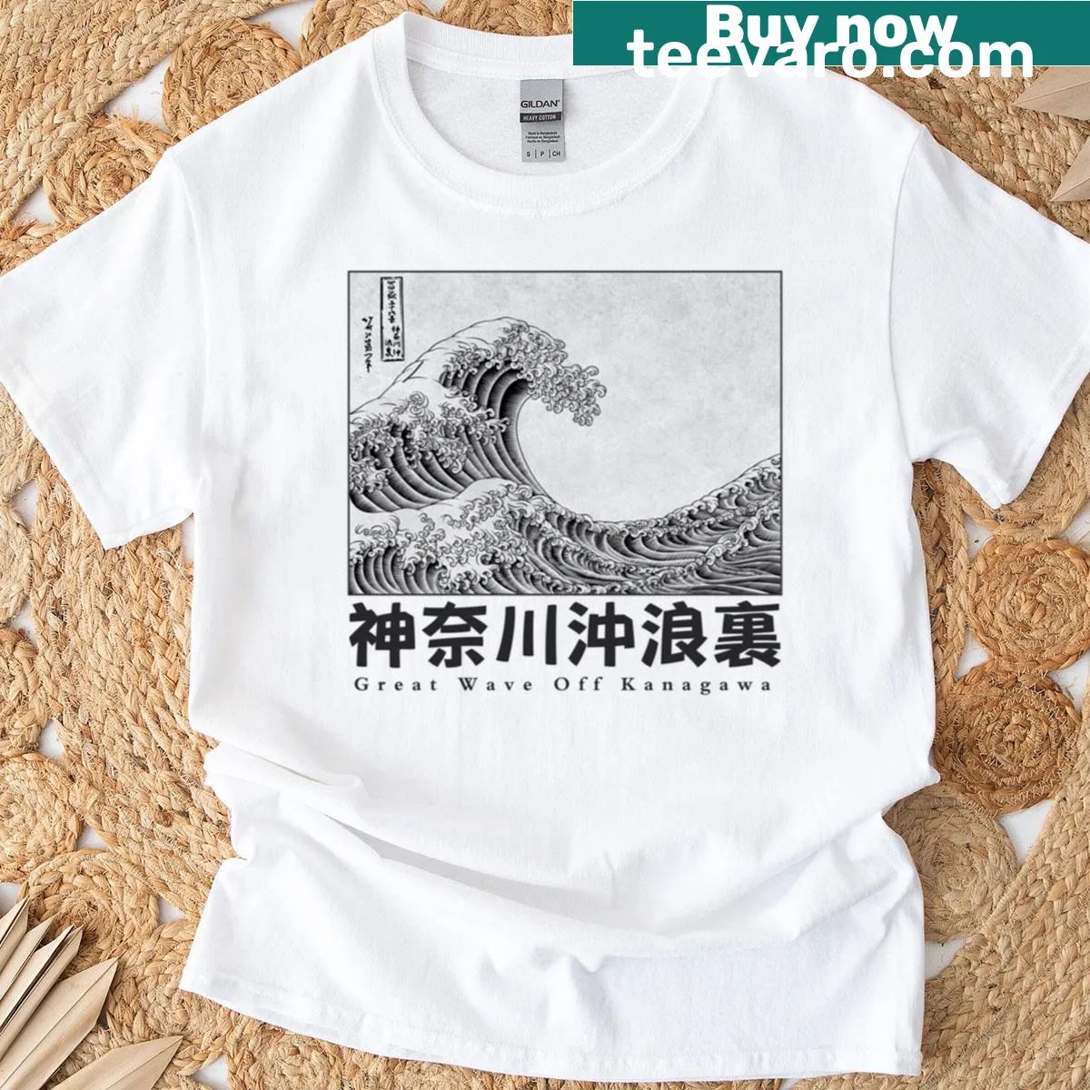 Realistic black and white Great Wave off Kanagawa T-shirt — on a men's t-shirt