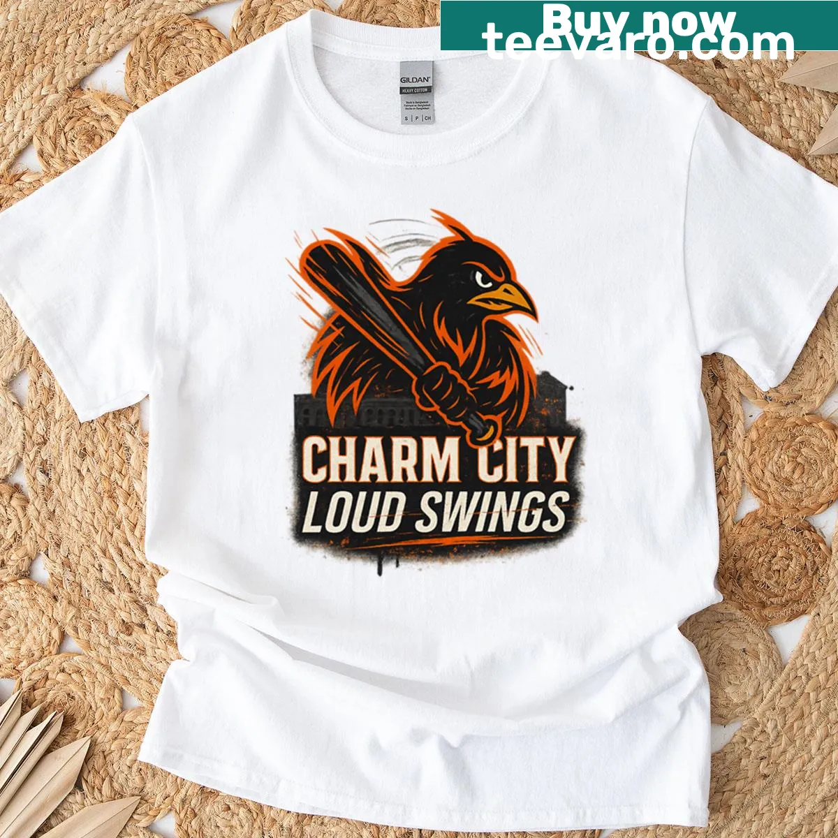 Humorous Charm City themed T-shirt featuring loud swings graphic — on a men's t-shirt