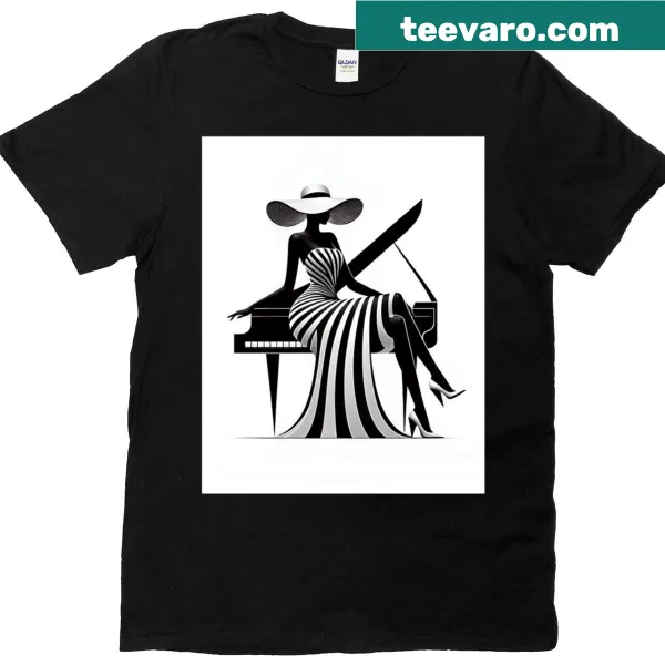 Monochrome design of piano keys and musical notes on T-shirt