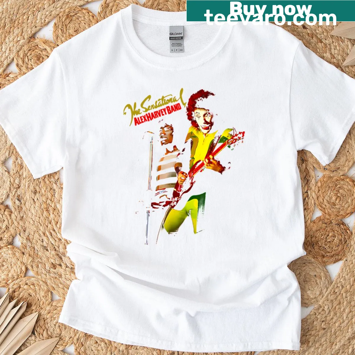 The Sensational Alex Harvey Band t-shirt with artistic band illustrations — on a men's t-shirt