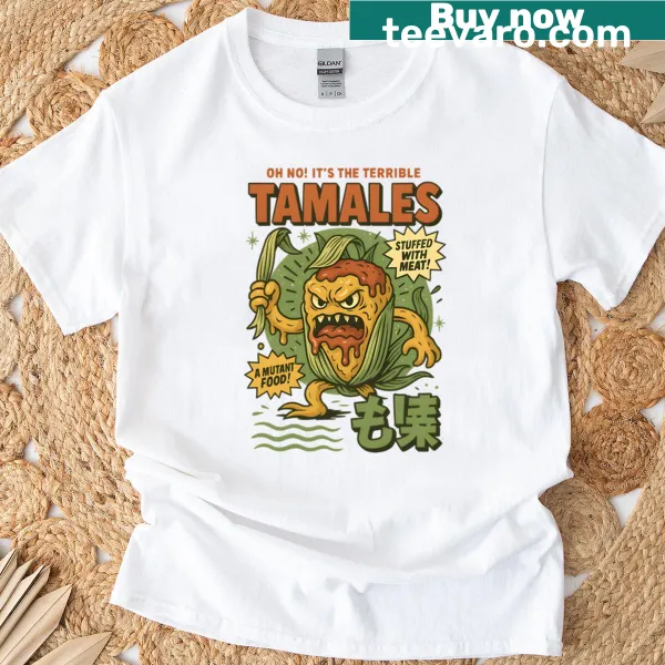 Cartoon mutant food design on oversized The Terrible Tamales t-shirt
