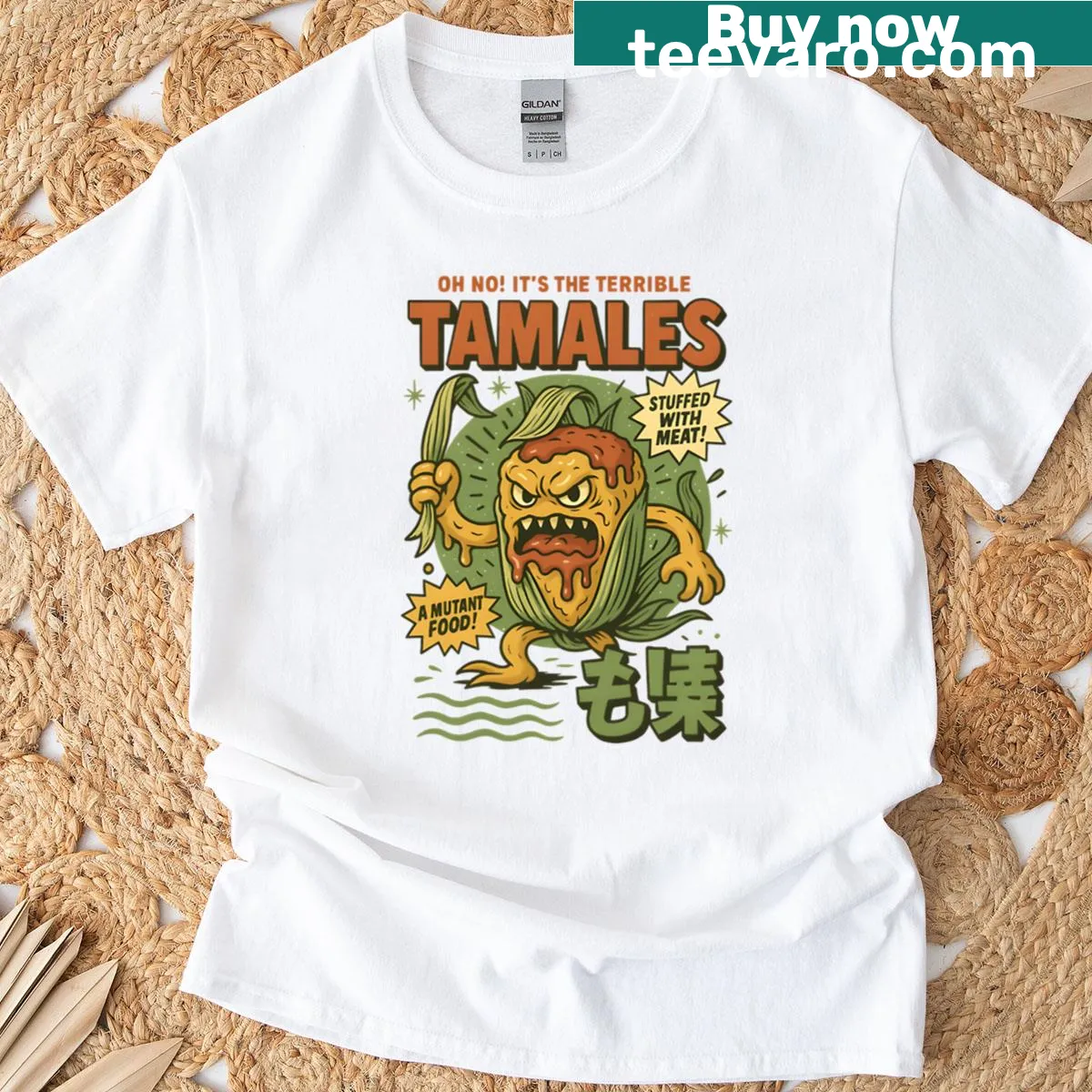 Cartoon mutant food design on oversized The Terrible Tamales t-shirt — on a men's t-shirt