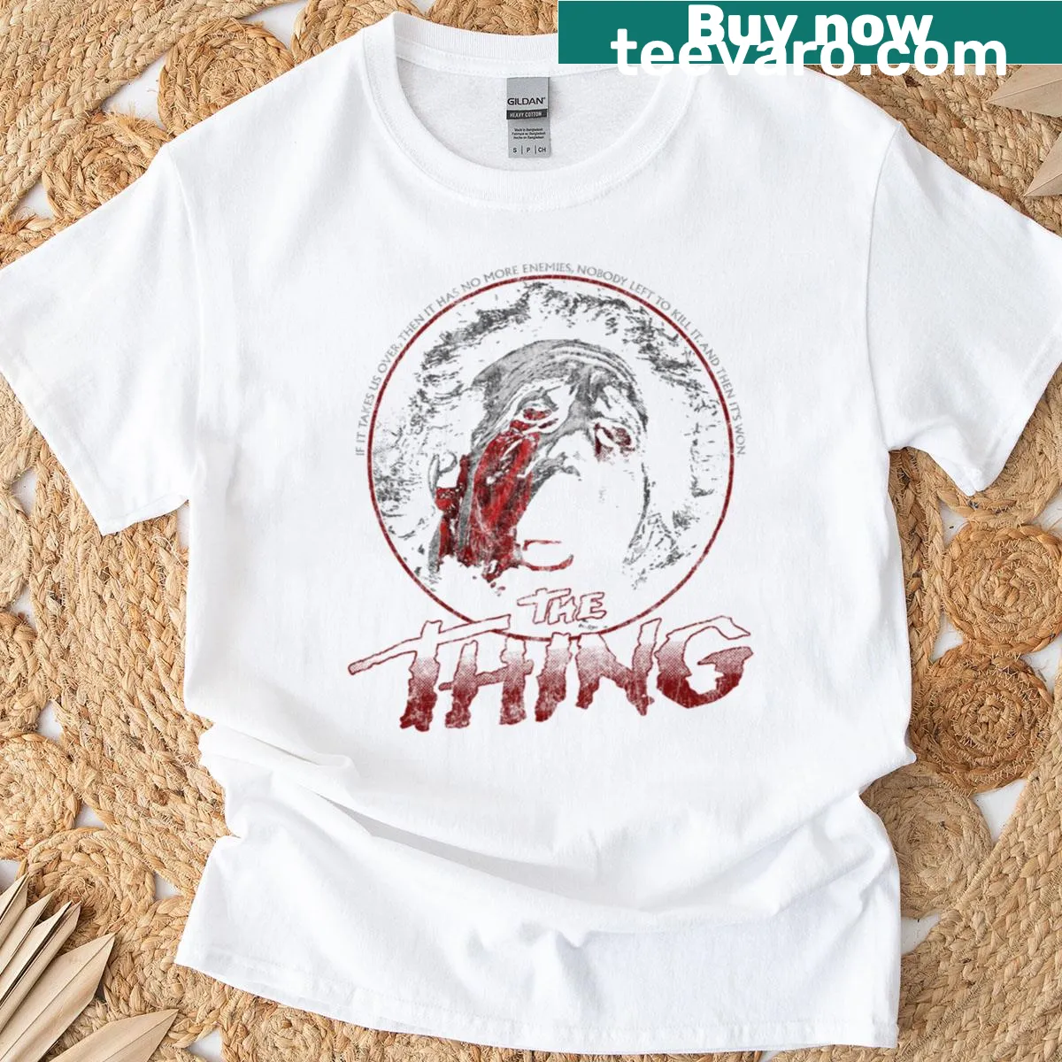 Distressed design inspired by 'The Thing' movie on T-shirt — on a men's t-shirt