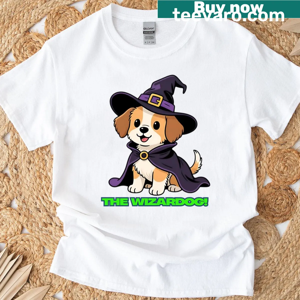 Whimsical illustration of a 'Wizardog' on a playful T-shirt — on a men's t-shirt