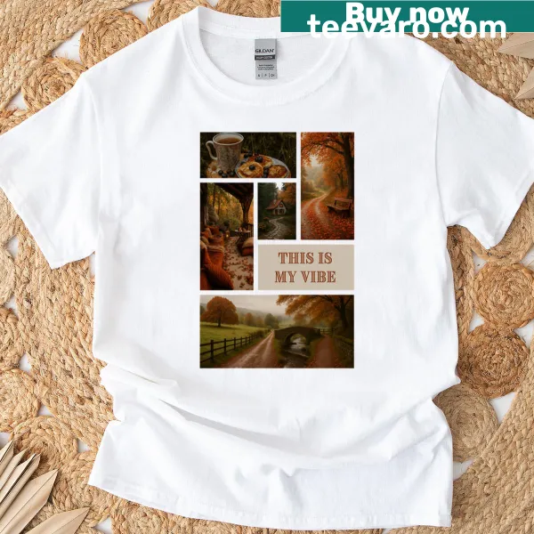 Autumn-themed print on a cozy season T-shirt