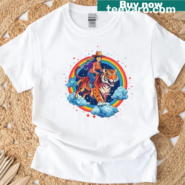 Tiger riding a surfboard design on T-shirt