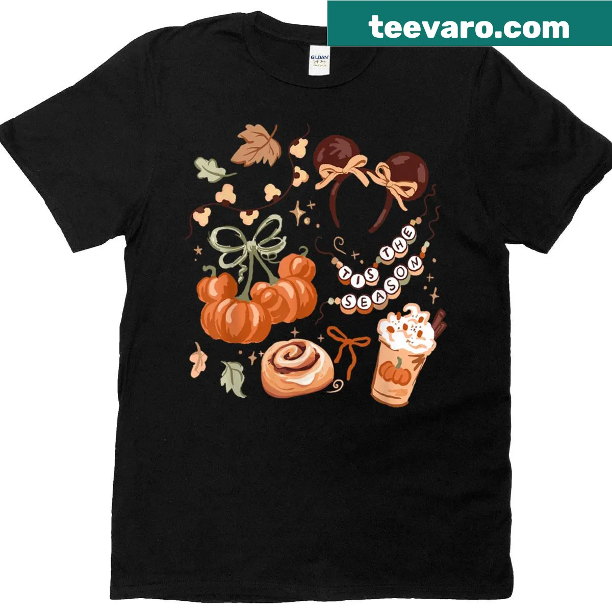 Fall-themed T-shirt with pumpkin and autumn doodles — on a men's t-shirt