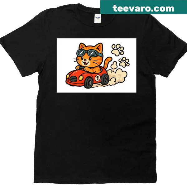 Cartoon cat in a toy car, drifting on a T-shirt