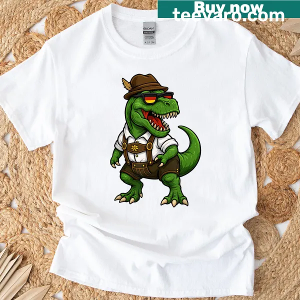 Illustration of a dinosaur in Bavarian costume on a t-shirt