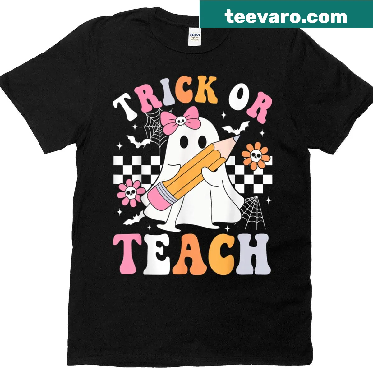 Retro floral ghost Halloween t-shirt for teachers — on a men's t-shirt