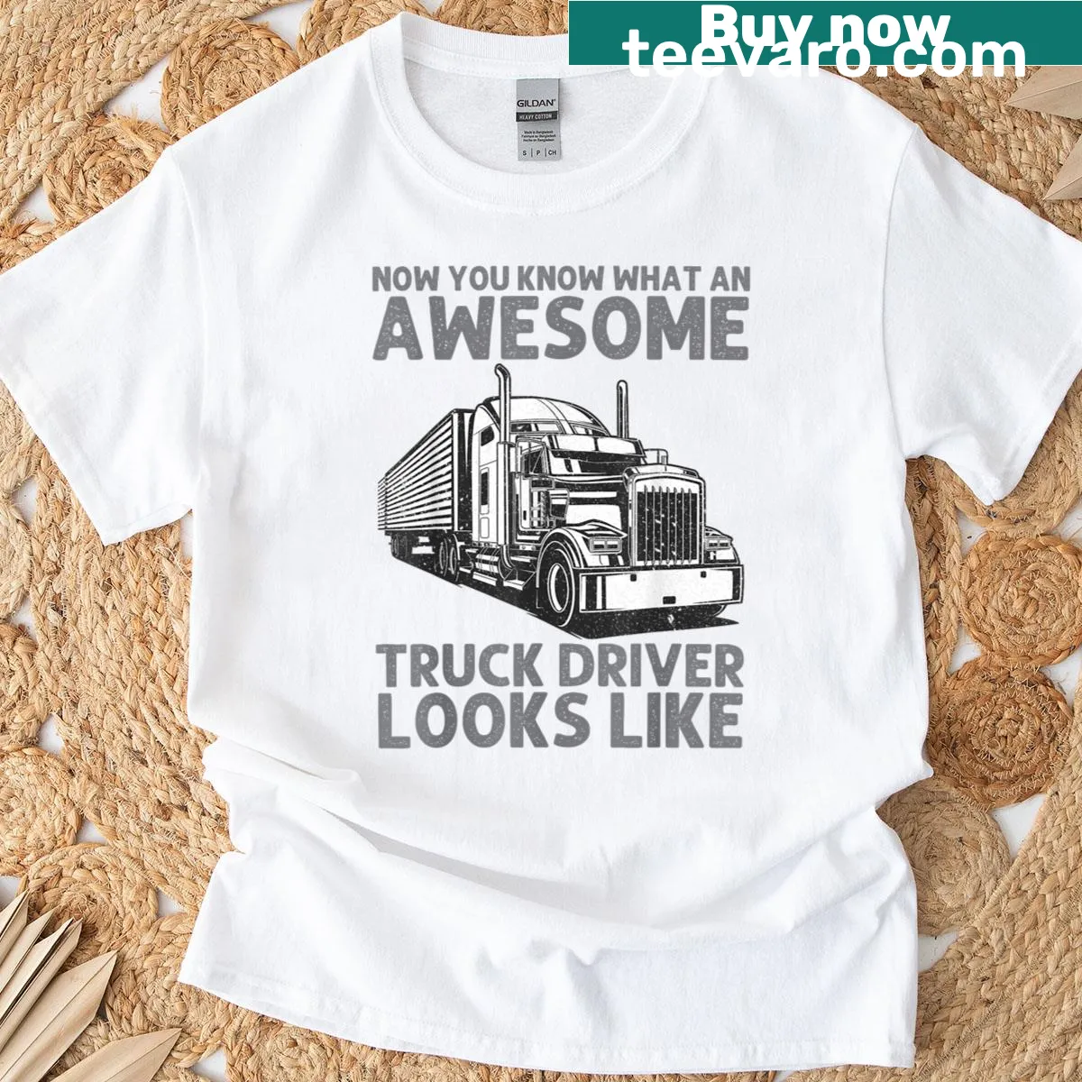 Illustrative T-shirt celebrating truck drivers — on a men's t-shirt