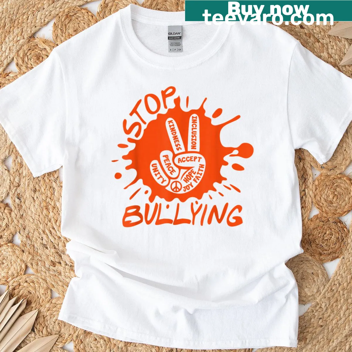 Orange T-shirt with anti-bullying sign language graphic — on a men's t-shirt