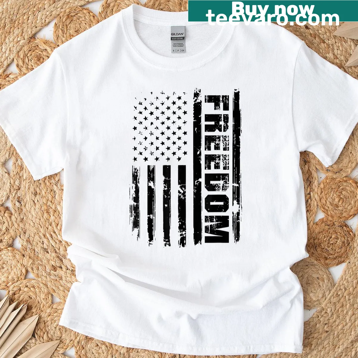 T-shirt featuring the US flag with a freedom theme — on a men's t-shirt