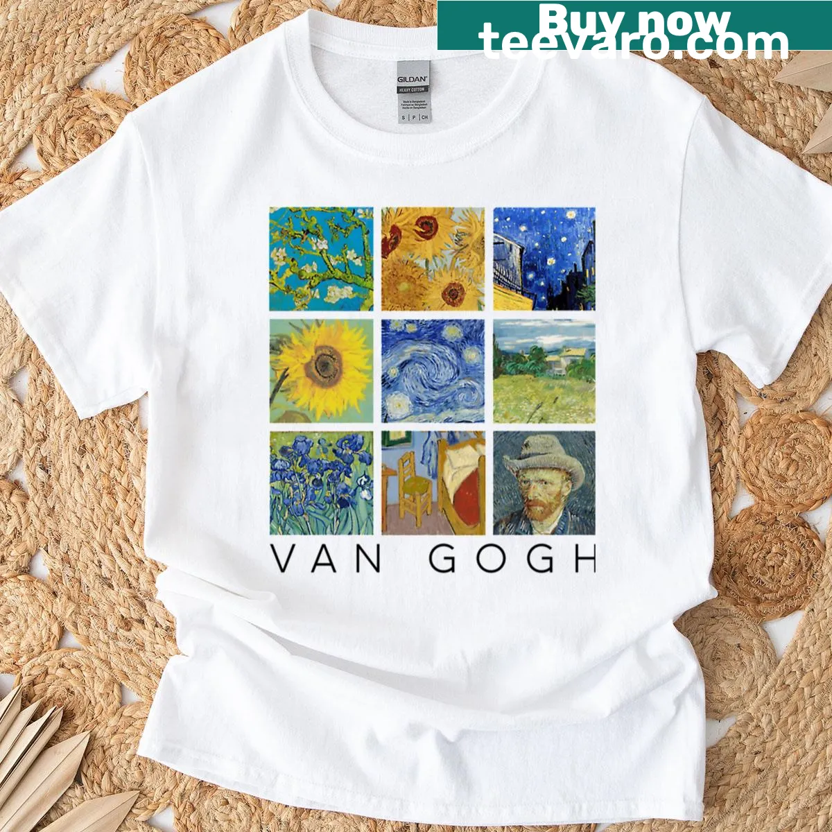 Van Gogh-inspired shirt featuring Starry Night and Sunflowers — on a men's t-shirt