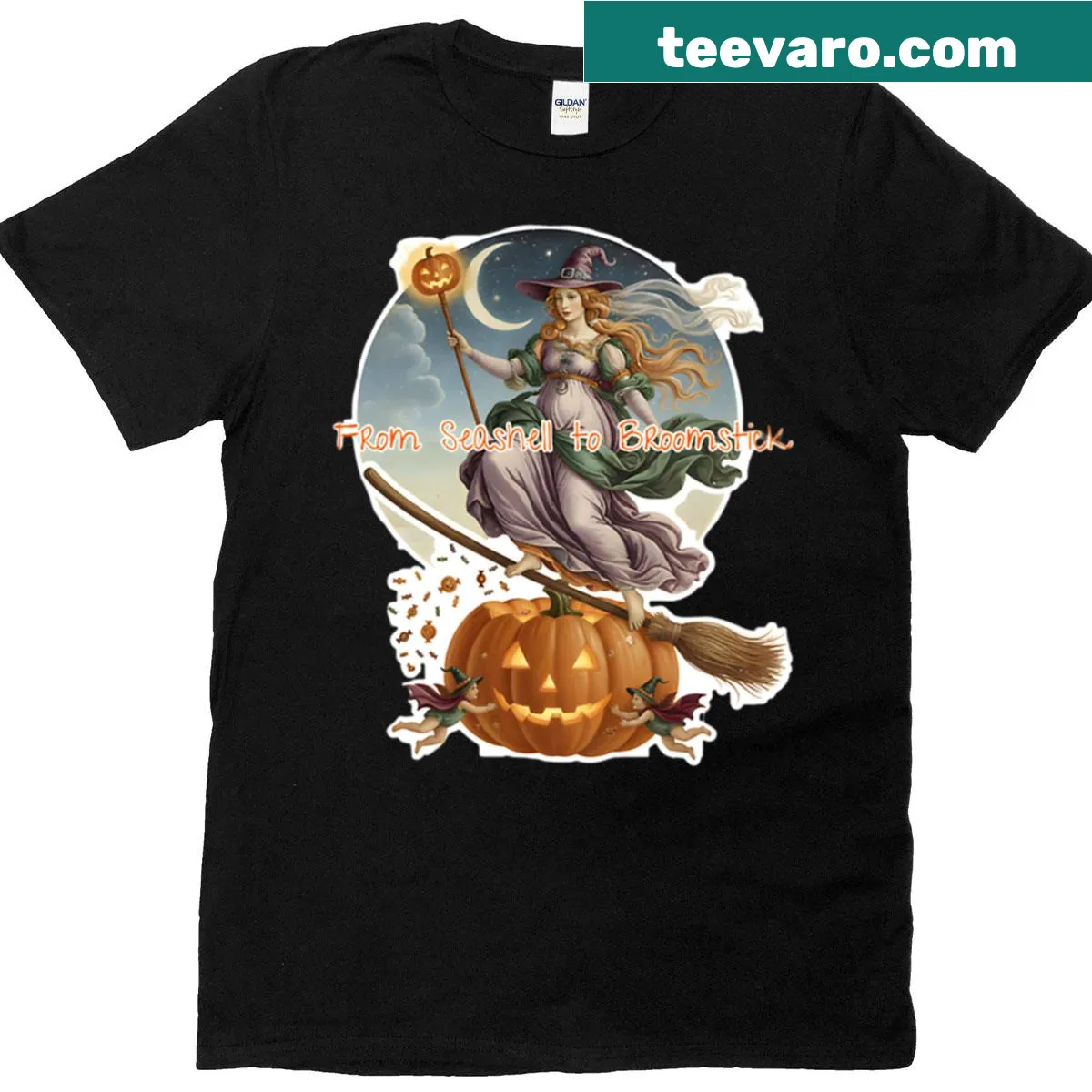 Witch parody art of Venus transforming from seashell to broomstick — on a men's t-shirt