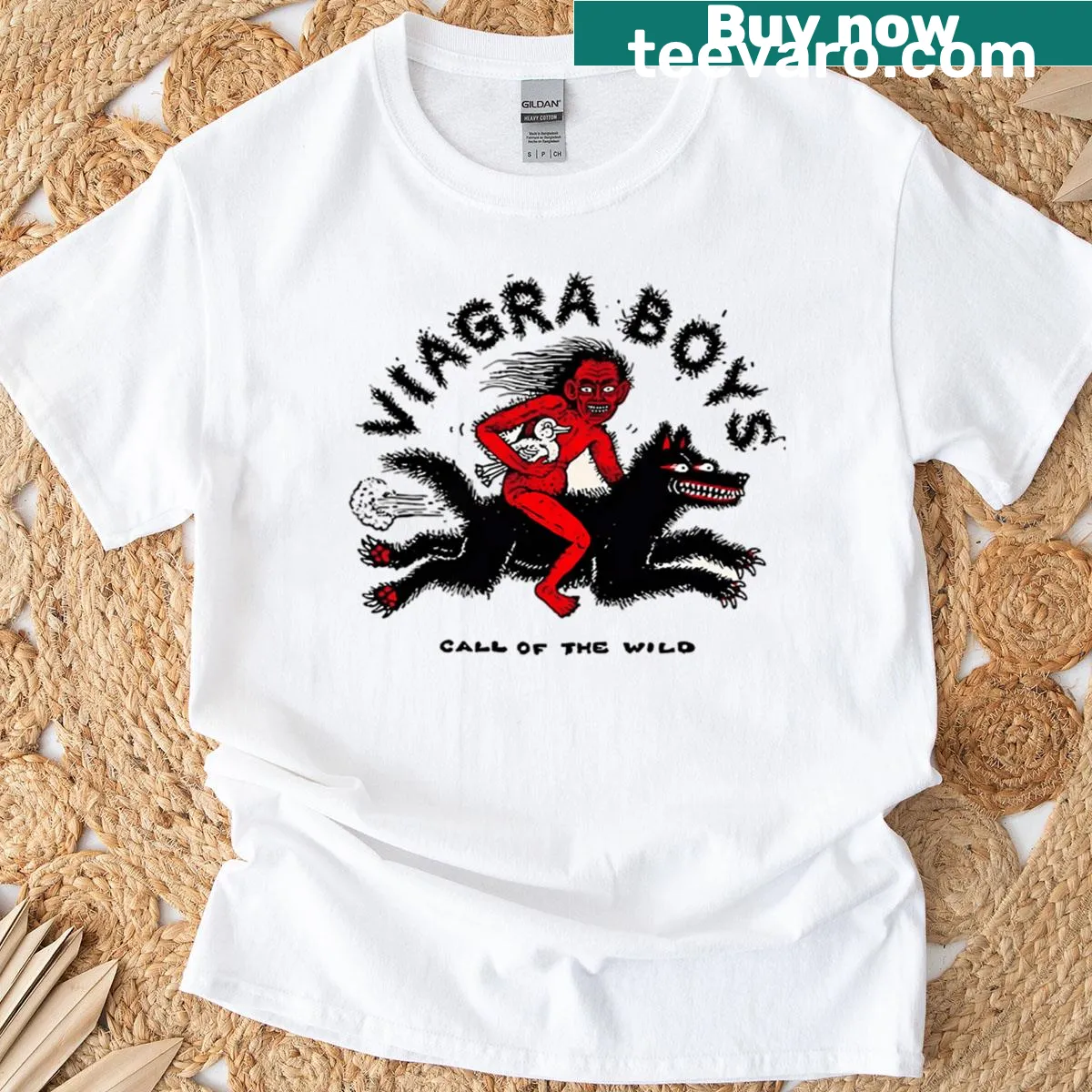 Illustrative T-shirt inspired by Viagra Boys with Call Of The Wild theme — on a men's t-shirt