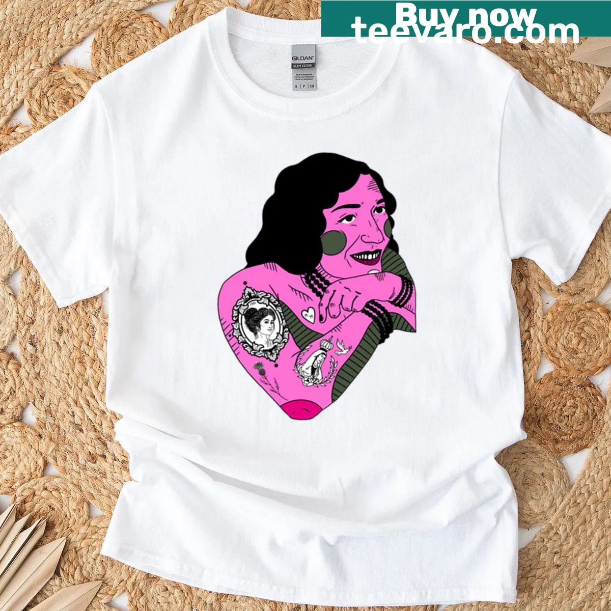 Victorian tattooed woman graphic t-shirt — on a men's t-shirt