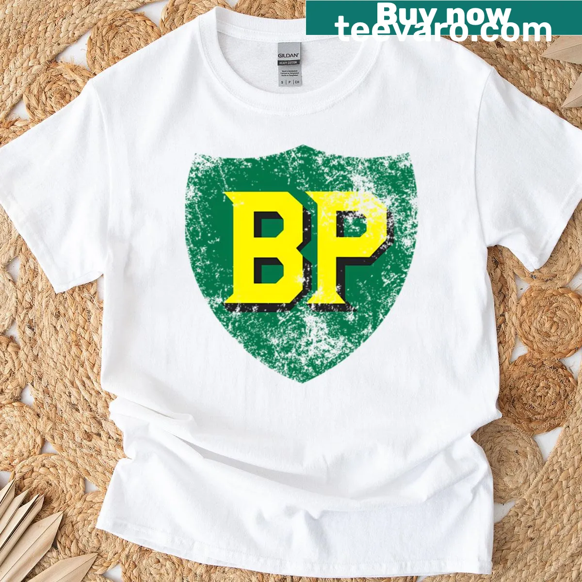 Vintage British Petroleum logo T-shirt in a badge-emblem style — on a men's t-shirt