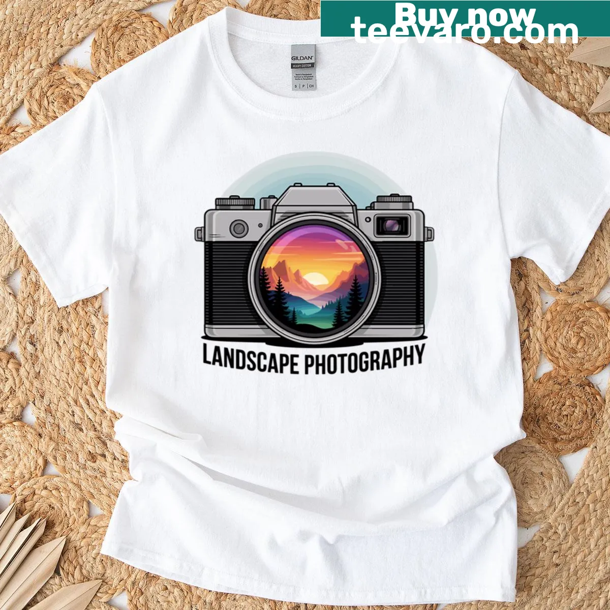 Vintage camera T-shirt with sunset and mountain landscape design — on a men's t-shirt