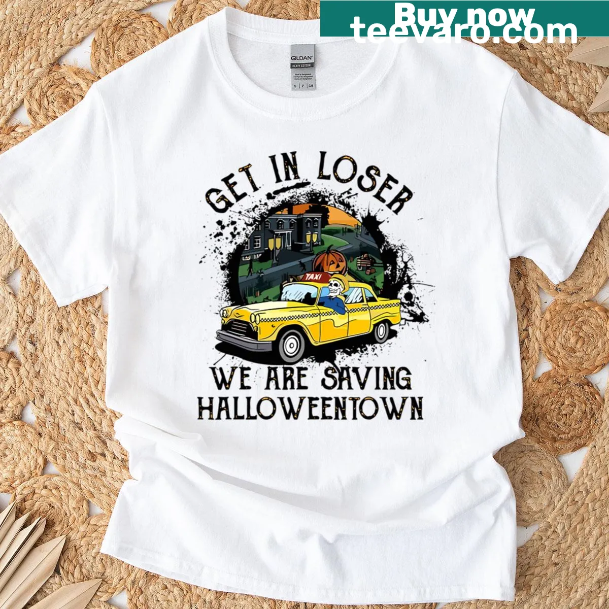 Vintage car towing a pumpkin graphic on Halloween T-shirt — on a men's t-shirt