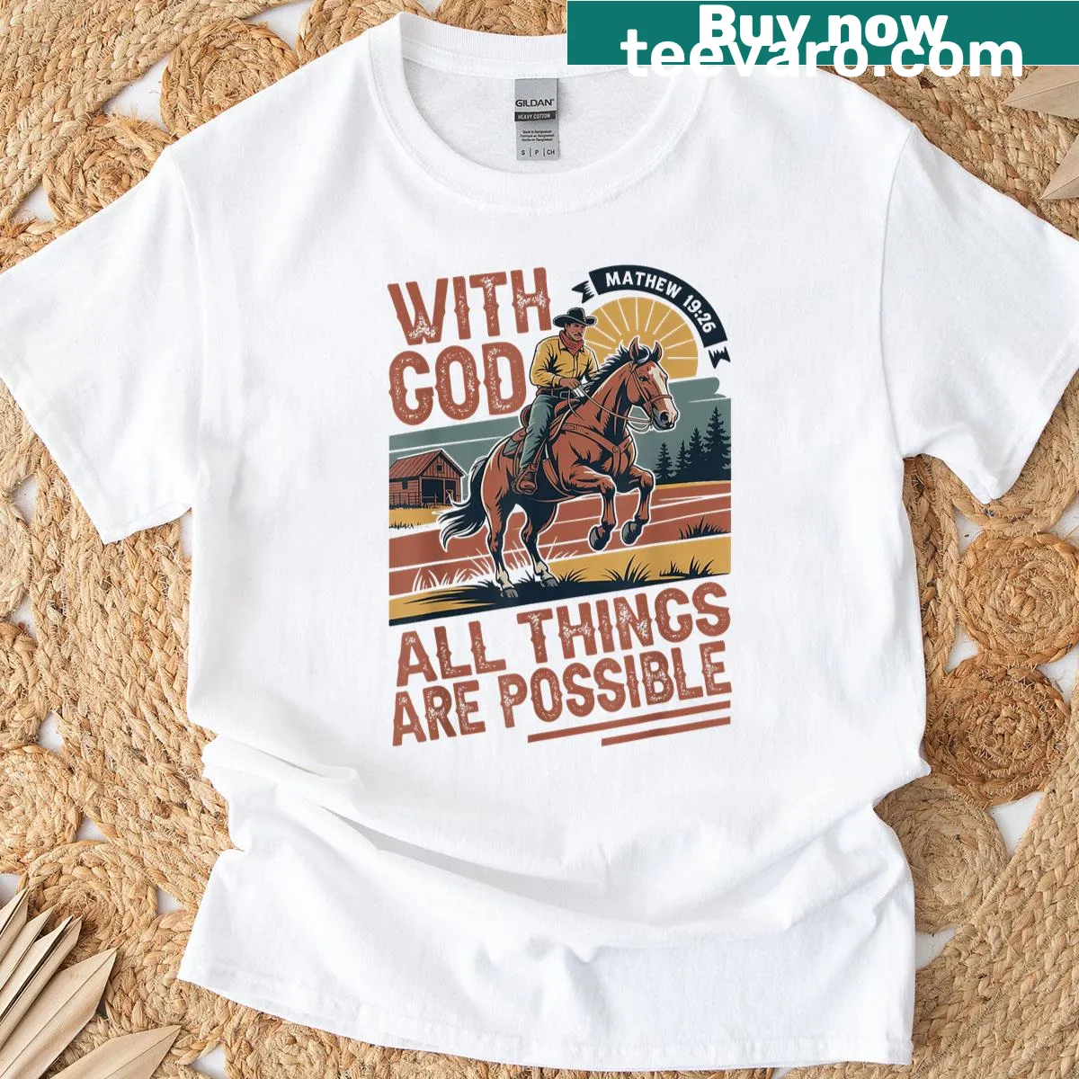 Vintage T-shirt with cowboy theme and bible scripture verse — on a men's t-shirt